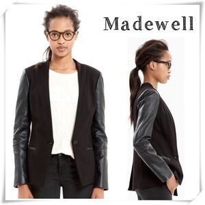 Madewell Genuine Leather-Sleeves Blazers Jacket in Black 
Style B1655
